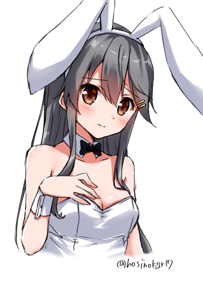 1girl animal_ears bare_shoulders blush breasts brown_eyes bunnysuit cleavage embarrassed eyebrows_visible_through_hair fake_animal_ears grey_hair hair_ornament hairclip hand_on_own_chest haruna_(kantai_collection) hoshino_kagari kantai_collection long_hair looking_at_viewer medium_breasts rabbit_ears simple_background solo twitter_username upper_body white_background