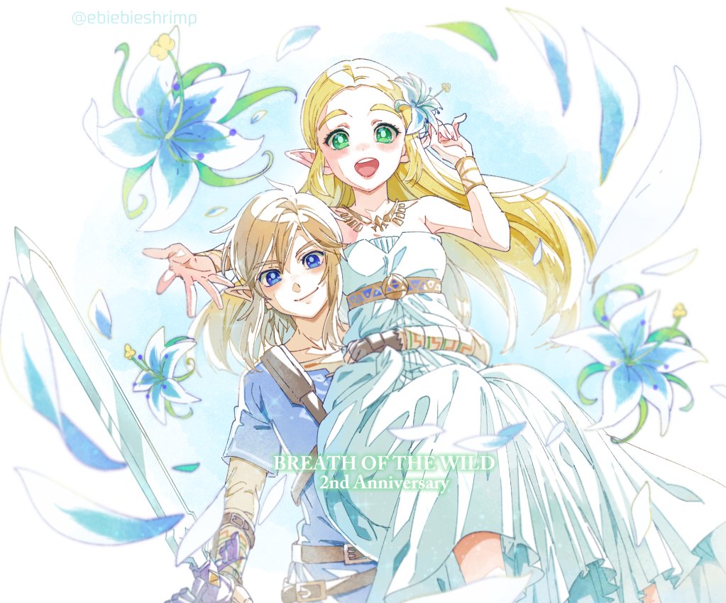 1boy 1girl anniversary bare_shoulders blonde_hair blue_eyes bracelet breasts copyright_name dress flower green_eyes hair_flower hair_ornament jewelry link long_hair looking_at_viewer master_sword necklace nintendo open_mouth petals pointy_ears princess_zelda shirt short_hair shuri_(84k) silent_princess simple_background sleeveless small_breasts smile straight_hair the_legend_of_zelda the_legend_of_zelda:_breath_of_the_wild thick_eyebrows twitter_username white_background white_dress