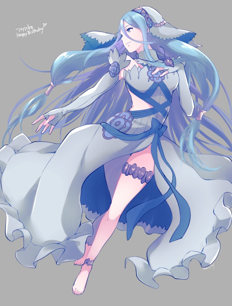 1girl aqua_(fire_emblem_if) ataka_takeru blue_hair closed_mouth dress elbow_gloves fingerless_gloves fire_emblem fire_emblem_if full_body gloves grey_background happy_birthday long_hair looking_to_the_side nintendo simple_background solo veil white_dress white_gloves