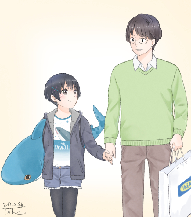 1boy 1girl bag black_hair black_legwear blush brown_hair commentary cutoffs dated denim denim_shorts eye_contact father_and_daughter grin hair_ornament hand_holding height_difference hood hoodie ikea ikea_shark looking_at_another looking_to_the_side original pantyhose shark shirt shopping_bag short_hair shorts signature smile stuffed_animal stuffed_shark stuffed_toy sweater t-shirt taka_(tsmix) walking x_hair_ornament