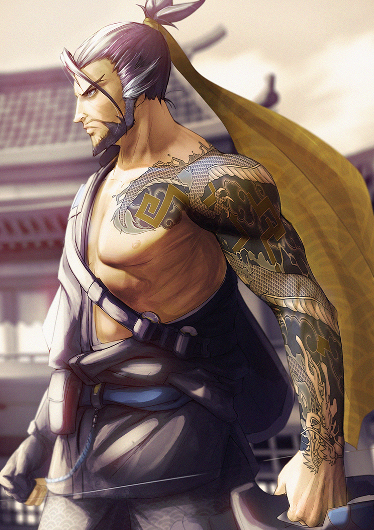 1boy architecture arm_tattoo beard bebipawdah black_hair bow_(weapon) brown_eyes brown_sky building clenched_hand collarbone cowboy_shot east_asian_architecture facial_hair from_side grey_hair hair_pulled_back hair_ribbon hanzo_(overwatch) holding holding_bow_(weapon) holding_weapon japanese_clothes looking_away male_focus outdoors overwatch ponytail pouch ribbon serious short_hair tattoo twilight weapon