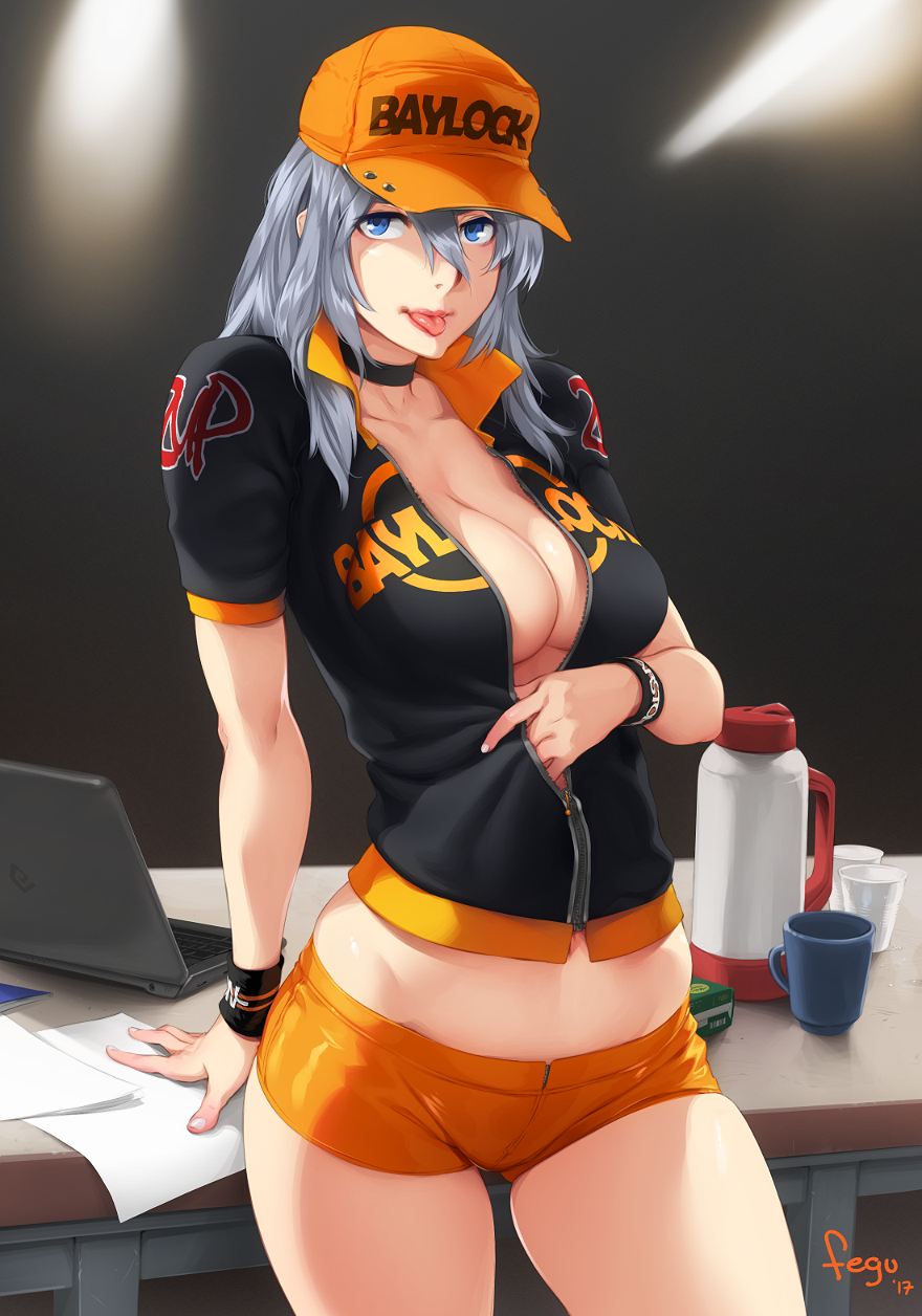 1girl :p artist_name baseball_cap black_choker black_wristband blue_eyes body_blush breasts choker cleavage clothes_writing contrapposto cowboy_shot crop_top feguimel fingernails hair_between_eyes hat highres karina_(feguimel) lips looking_at_viewer medium_breasts medium_hair midriff nail_polish no_bra orange_shorts original partially_unzipped pink_lips short_shorts shorts silver_hair solo standing thermos thighs tongue tongue_out white_nails wristband