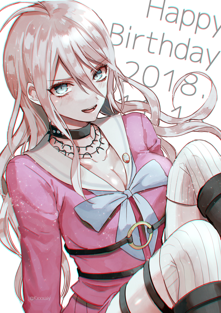 1girl 2018 :d antenna_hair black_footwear blue_eyes blush breasts choker cleavage collarbone dangan_ronpa dated eyebrows_visible_through_hair floating_hair hair_between_eyes happy_birthday iruma_miu long_hair long_sleeves looking_at_viewer medium_breasts neck_ribbon new_dangan_ronpa_v3 open_mouth pink_shirt pink_skirt pleated_skirt purple_ribbon ribbed_legwear ribbon sailor_collar sakuyu shiny shiny_hair shirt silver_hair sitting skirt smile solo twitter_username very_long_hair white_background white_legwear white_sailor_collar