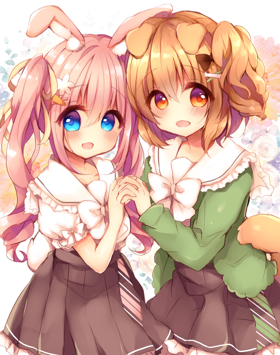 2girls :d animal_ear_fluff animal_ears blue_eyes blush bone_hair_ornament bow brown_bow brown_eyes brown_hair brown_skirt bunny_girl bunny_tail carrot_hair_ornament commentary_request dog_ears dog_girl dog_tail flower food_themed_hair_ornament green_jacket hair_bow hair_flower hair_ornament hairclip hand_holding haru_ichigo highres interlocked_fingers jacket long_hair multiple_girls open_clothes open_jacket open_mouth original pink_hair pleated_skirt puffy_short_sleeves puffy_sleeves rabbit_ears ringlets sailor_collar shirt short_sleeves skirt smile tail twintails very_long_hair white_bow white_flower white_sailor_collar white_shirt