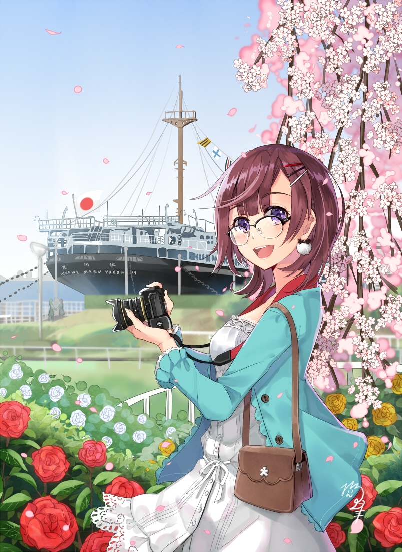 3girls :d aqua_jacket bag bangs brown_hair camera cherry_blossoms commentary_request day dress finnish_flag flower frilled_sleeves frills glasses hair_ornament hairpin holding holding_camera jacket japanese_flag lace lace-trimmed_dress looking_at_viewer medium_hair multiple_girls nekozuki_yuki open_mouth original outdoors over-rim_eyewear pom_pom_earrings red_flower red_rose rose semi-rimless_eyewear ship shoulder_bag signature smile solo_focus string_of_flags violet_eyes watercraft white_dress white_flower white_rose