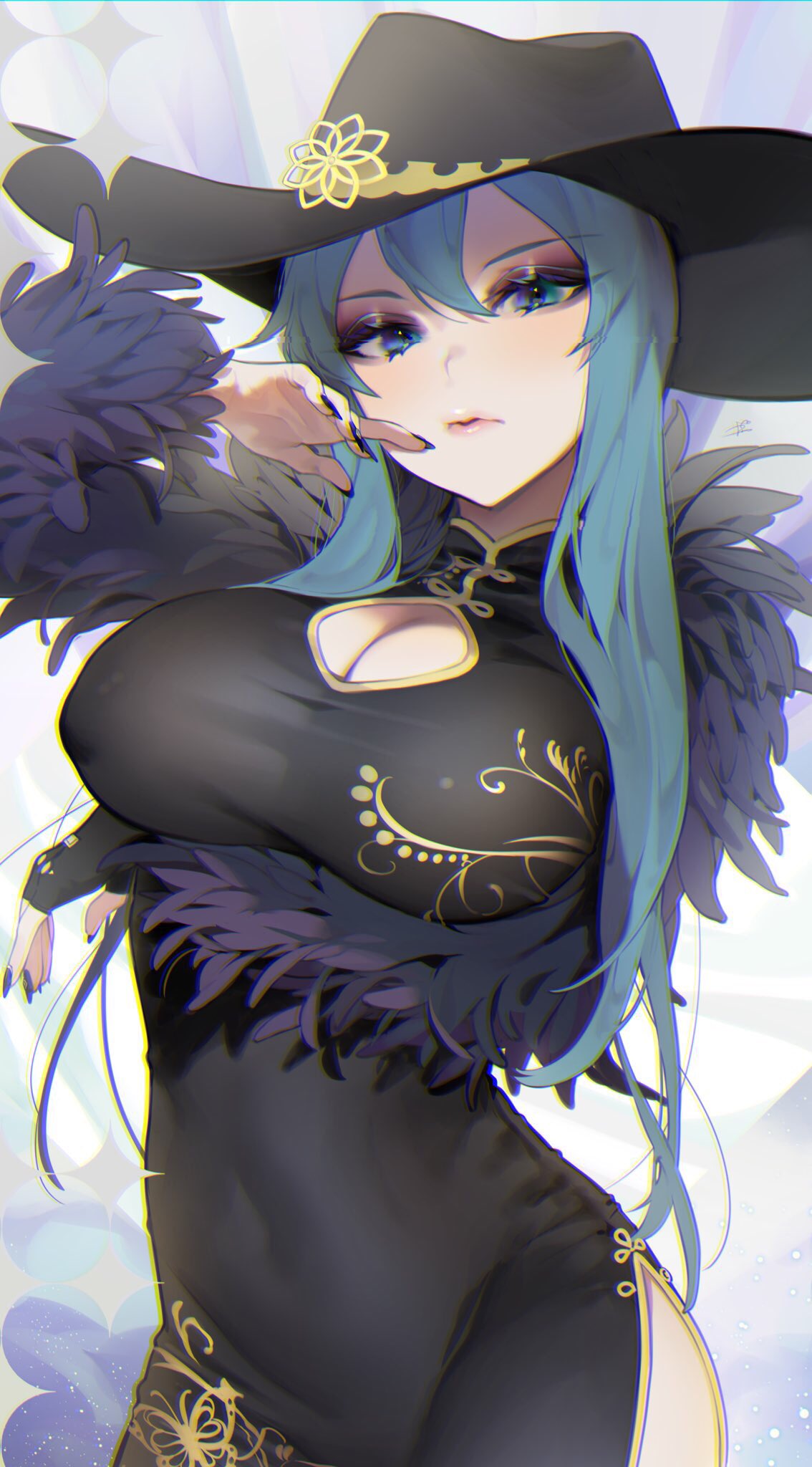 1girl arm_under_breasts arm_up bangs black_dress black_hat blue_eyes blue_hair breasts china_dress chinese_clothes chromatic_aberration cleavage_cutout commentary_request covered_navel covered_nipples dress feather_boa finger_to_mouth fingerless_gloves gloves hat highres large_breasts lips looking_at_viewer nail_polish ohisashiburi original sidelocks simple_background single_glove solo standing