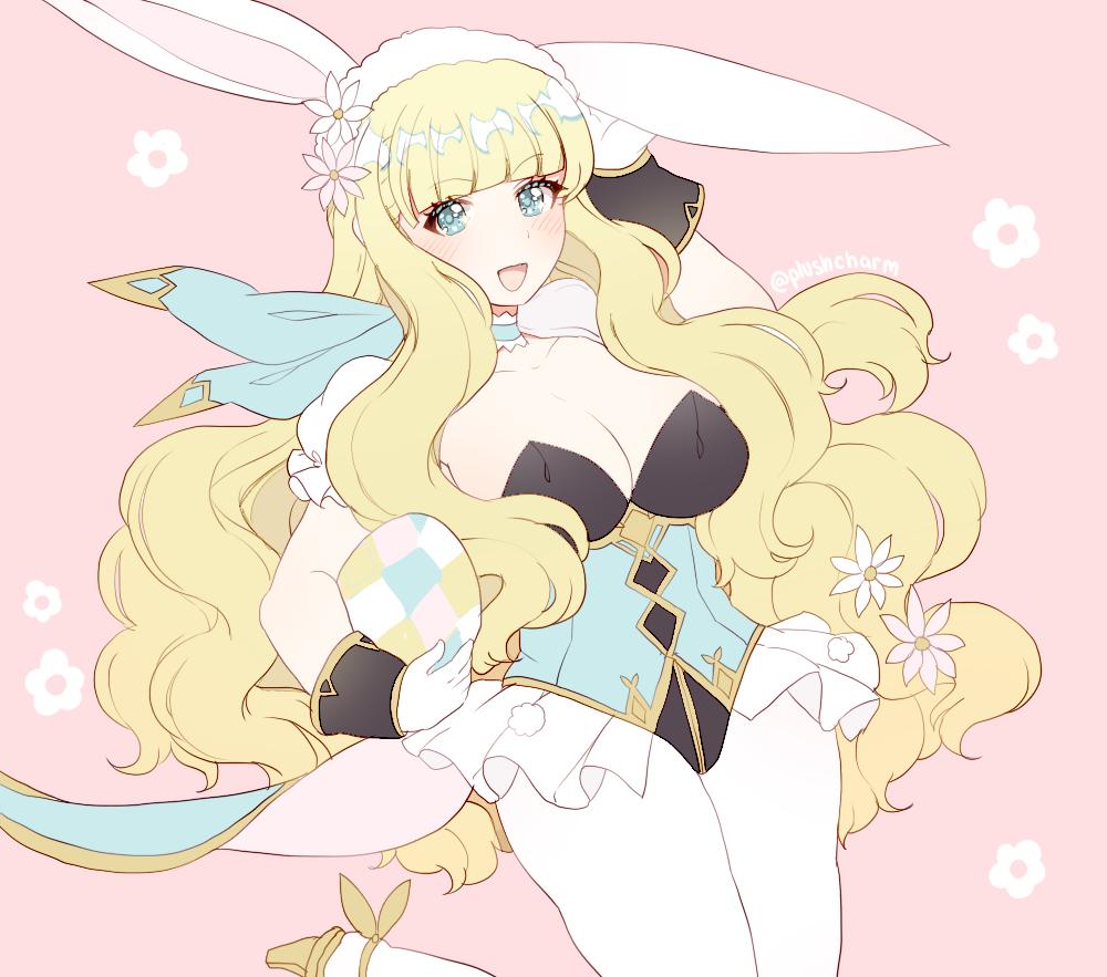 1girl animal_ears arm_up blonde_hair blue_eyes breasts charlotte_(fire_emblem_if) choker cleavage easter_egg egg fake_animal_ears fire_emblem fire_emblem_heroes fire_emblem_if frilled_choker frills gloves holding large_breasts leotard long_hair nintendo open_mouth pink_background plushcharm rabbit_ears simple_background solo twitter_username white_gloves white_legwear