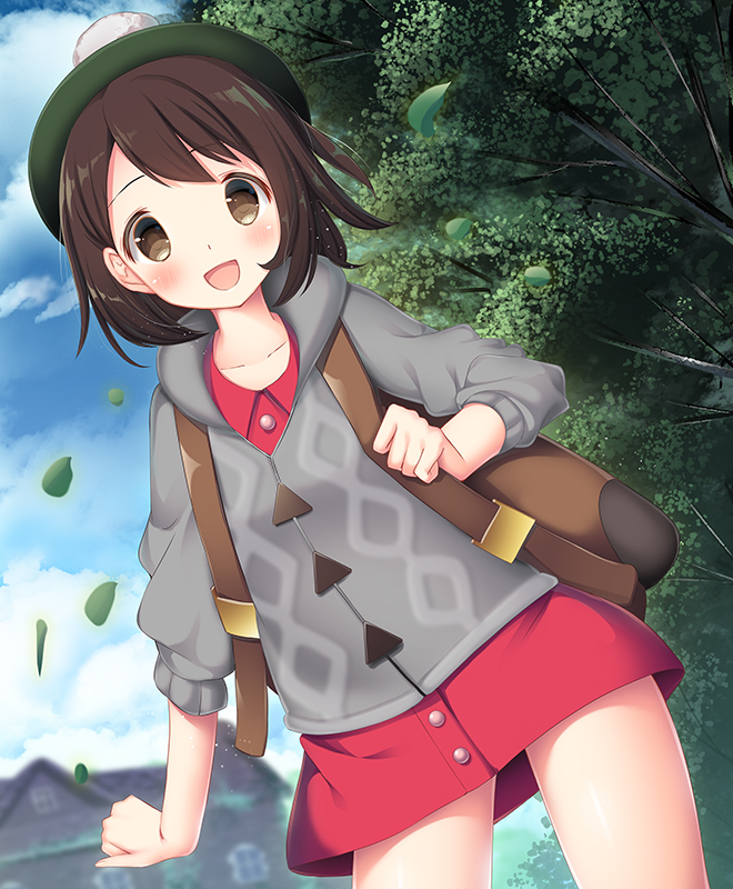 1girl :d backpack bag bangs blush brown_eyes brown_hair building creatures_(company) female_protagonist_(pokemon_swsh) game_freak green_hat hat looking_at_viewer murano nintendo open_mouth outdoors pokemon pokemon_(game) pokemon_swsh shirt short_hair smile solo tam_o'_shanter thighs tree