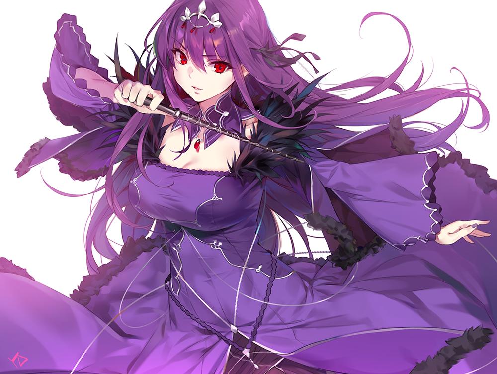 1girl bangs breasts cleavage detached_collar dress fate/grand_order fate_(series) fur_trim hair_between_eyes holding holding_wand jewelry large_breasts long_hair long_sleeves looking_at_viewer parted_lips pendant purple_dress purple_hair red_eyes scathach_(fate)_(all) scathach_skadi_(fate/grand_order) simple_background smile solo tiara wand white_background yang-do