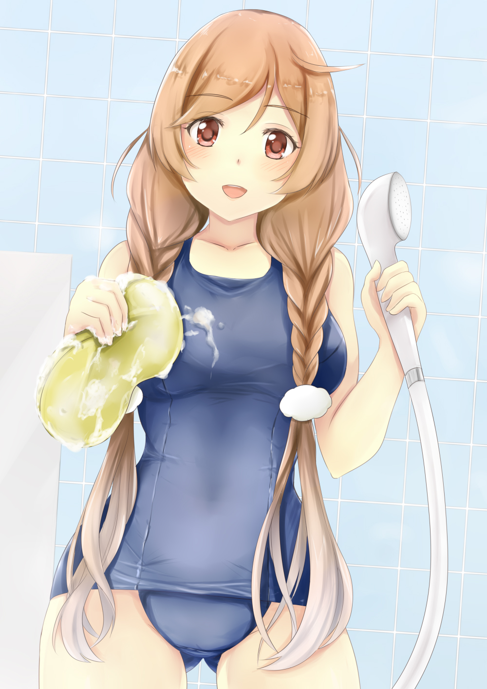1girl ass_visible_through_thighs bath bathing bathroom blue_swimsuit blush braid breasts cloud_hair_ornament covered_navel eyebrows_visible_through_hair gradient_hair highres indoors kantai_collection koru_pera light_brown_hair lips long_hair looking_at_viewer medium_breasts minegumo_(kantai_collection) multicolored_hair old_school_swimsuit one-piece_swimsuit open_mouth red_eyes school_swimsuit shower_(place) smile soap soap_bubbles solo sponge_bath swimsuit twin_braids wet