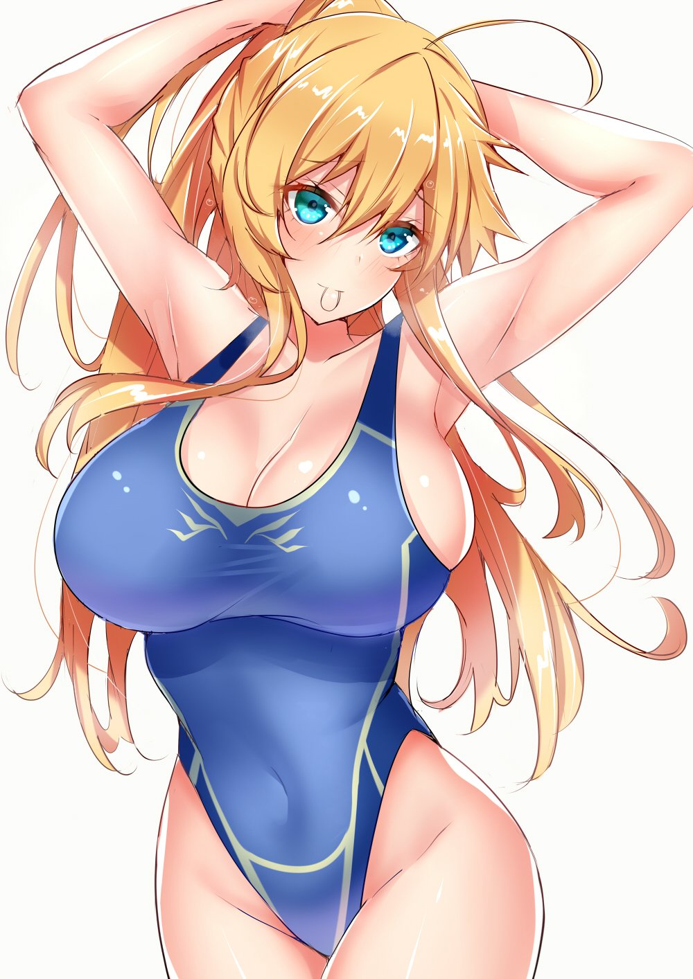 1girl ahoge artoria_pendragon_(all) artoria_pendragon_(lancer) bangs bare_shoulders blue_swimsuit blush breasts cleavage closed_mouth collarbone covered_navel fate/grand_order fate_(series) green_eyes hair_between_eyes hands_in_hair highleg highleg_swimsuit highres hip_focus large_breasts long_hair looking_at_viewer mouth_hold one-piece_swimsuit sankakusui shiny shiny_hair sidelocks simple_background smile solo swimsuit tying_hair white_background