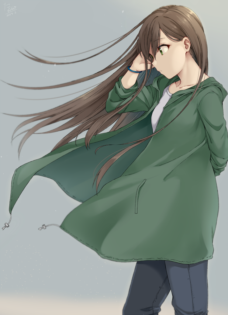 1girl bangle bangs blue_pants blurry bracelet closed_mouth collarbone dated expressionless floating_hair from_side green_eyes green_jacket grey_background hand_up hood hood_down hooded_jacket idolmaster idolmaster_cinderella_girls jacket jewelry long_hair long_sleeves open_clothes open_jacket pants profile shibuya_rin shirt signature solo standing tarachine white_shirt