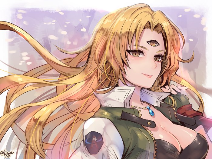 1girl blonde_hair breasts brown_eyes cleavage closed_mouth fingerless_gloves floating_hair fujimaru_(green_sparrow) gloves green_gloves hair_intakes hand_up jewelry lips long_hair medium_breasts necklace opera_vectra pink_lips smile solo star_ocean star_ocean_the_second_story third_eye twitter_username zipper