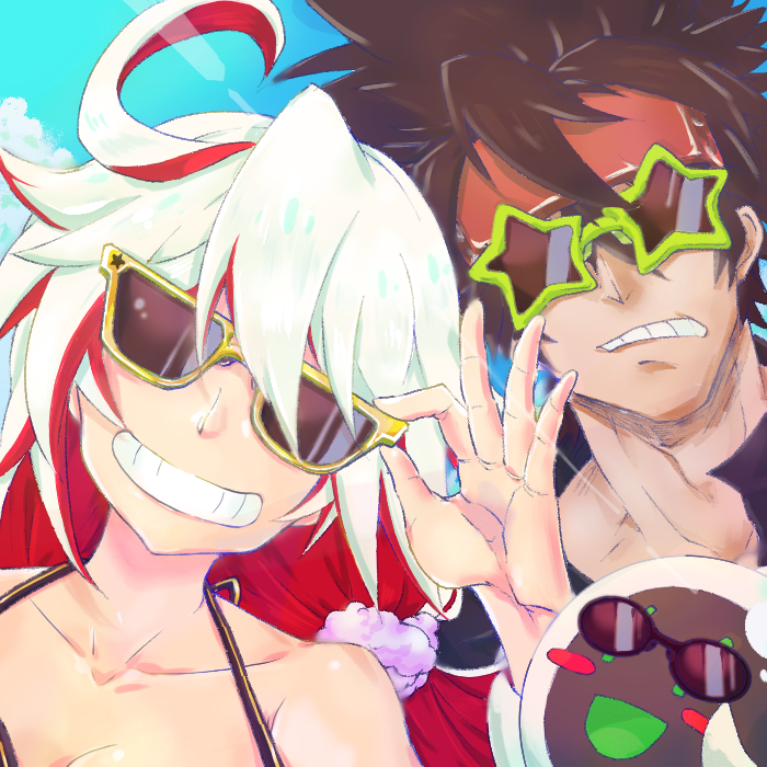 1boy 1girl black_hair blush_stickers couple day familiar forehead_protector glasses grin group_picture guilty_gear guilty_gear_xrd jack-o'_valentine opaque_glasses pose redhead shimizu_shirube smile sol_badguy spaghetti_strap star-shaped_eyewear sunglasses yellow-framed_eyewear