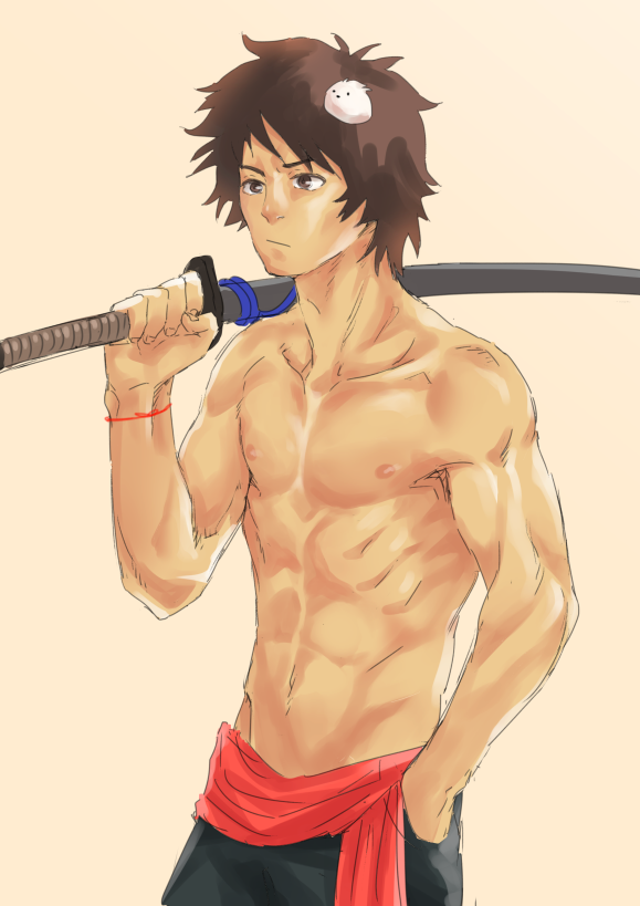 1boy adonis_belt b_gent bakemono_no_ko closed_mouth kyuuta_(bakemono_no_ko) male_focus navel nipples over_shoulder shirtless simple_background solo standing sword sword_over_shoulder toned toned_male weapon weapon_over_shoulder