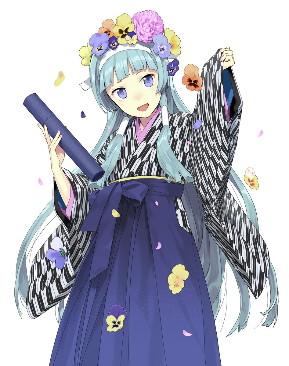 1girl arms_up blue_skirt blush character_request copyright_request eyebrows_visible_through_hair flower grey_hair hair_flower hair_ornament hair_tubes hairband hakama_skirt highres long_hair long_sleeves looking_at_viewer open_mouth simple_background skirt sleeves_past_wrists smile solo takenashi_eri very_long_hair violet_eyes white_background