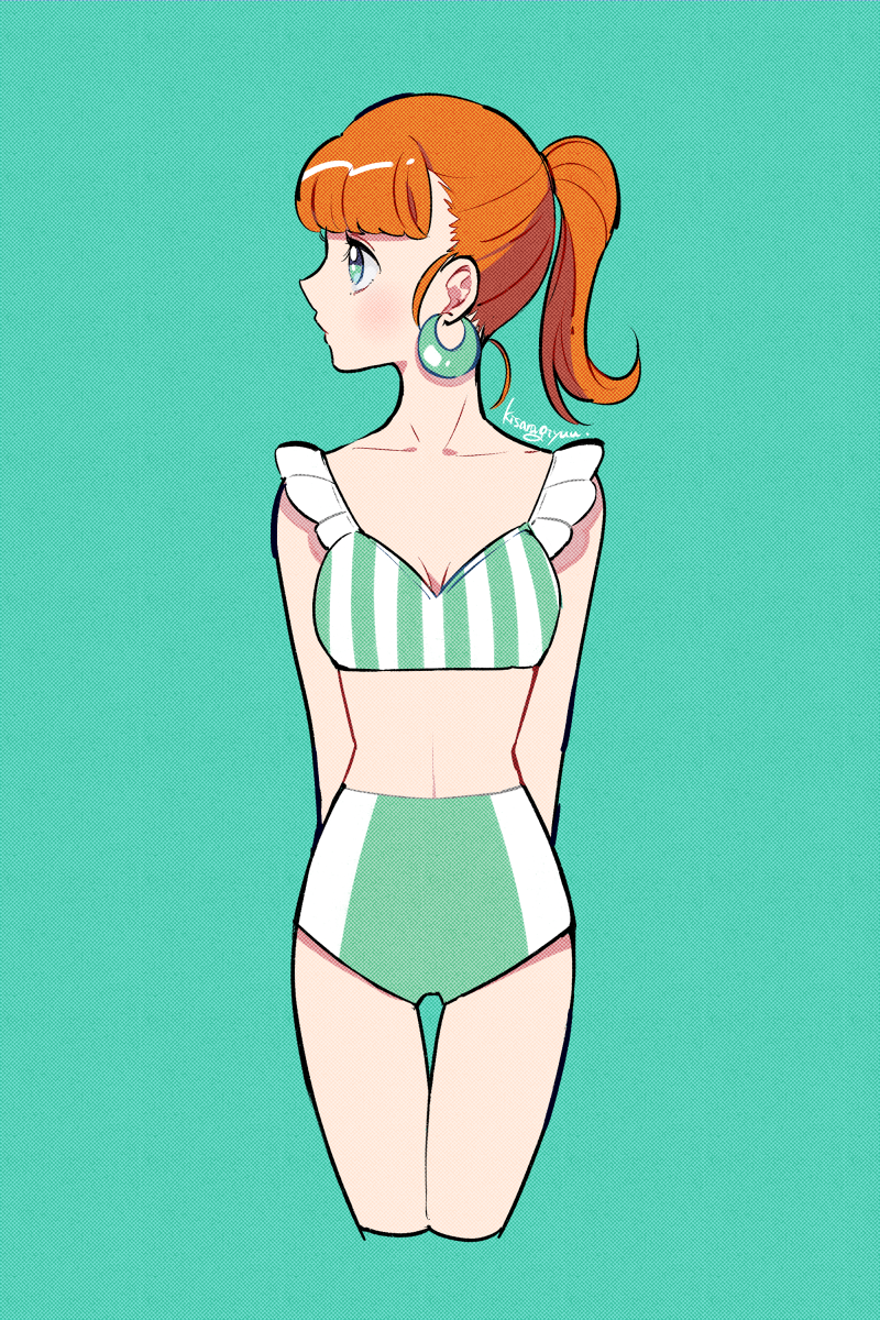 1girl arms_behind_back bangs bikini_top cowboy_shot cropped_legs earrings green_background green_bikini_top green_earrings green_eyes green_swimsuit highres jewelry kisaragi_yuu_(fallen_sky) looking_to_the_side medium_hair orange_hair original ponytail profile signature solo striped_bikini_top swimsuit