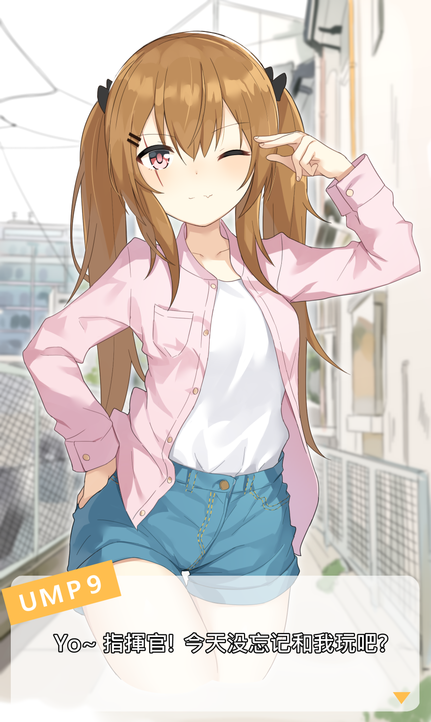 1girl bangs blue_shorts blush breasts brown_hair casual copiz day eyebrows_visible_through_hair fang_out girls_frontline hair_between_eyes hair_ornament hairclip hand_on_hip hand_up highres jacket long_hair looking_at_viewer one_eye_closed open_clothes open_jacket outdoors pink_jacket red_eyes scar scar_across_eye shirt short_shorts shorts smile translation_request twintails ump9_(girls_frontline)