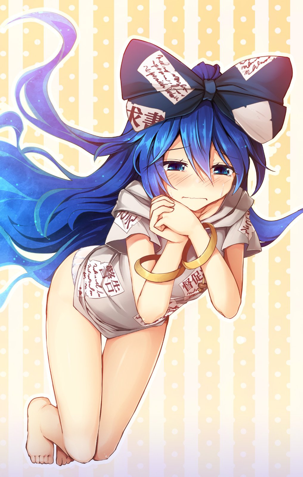 1girl bare_legs barefoot blue_bow blue_eyes blue_hair blush bow bracelet chima_q embarrassed eyebrows_visible_through_hair full_body grey_hoodie hair_between_eyes hair_bow hands_clasped highres jewelry long_hair no_pants own_hands_together panties solo tears thigh_gap touhou underwear very_long_hair wavy_mouth white_panties yorigami_shion
