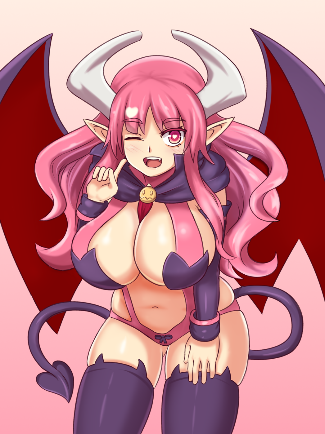 1girl ;d black_legwear breasts capelet commentary cowboy_shot demon_girl demon_tail demon_wings detached_sleeves disgaea english_commentary eyebrows_visible_through_hair eyes_visible_through_hair fang gradient gradient_background heart heart-shaped_pupils highres horns huge_breasts index_finger_raised leaning_forward long_hair looking_at_viewer nav navel one_eye_closed open_mouth pink_background pink_eyes pink_hair pointy_ears simple_background skindentation smile solo succubus succubus_(disgaea) symbol-shaped_pupils tail thigh-highs wavy_hair wings