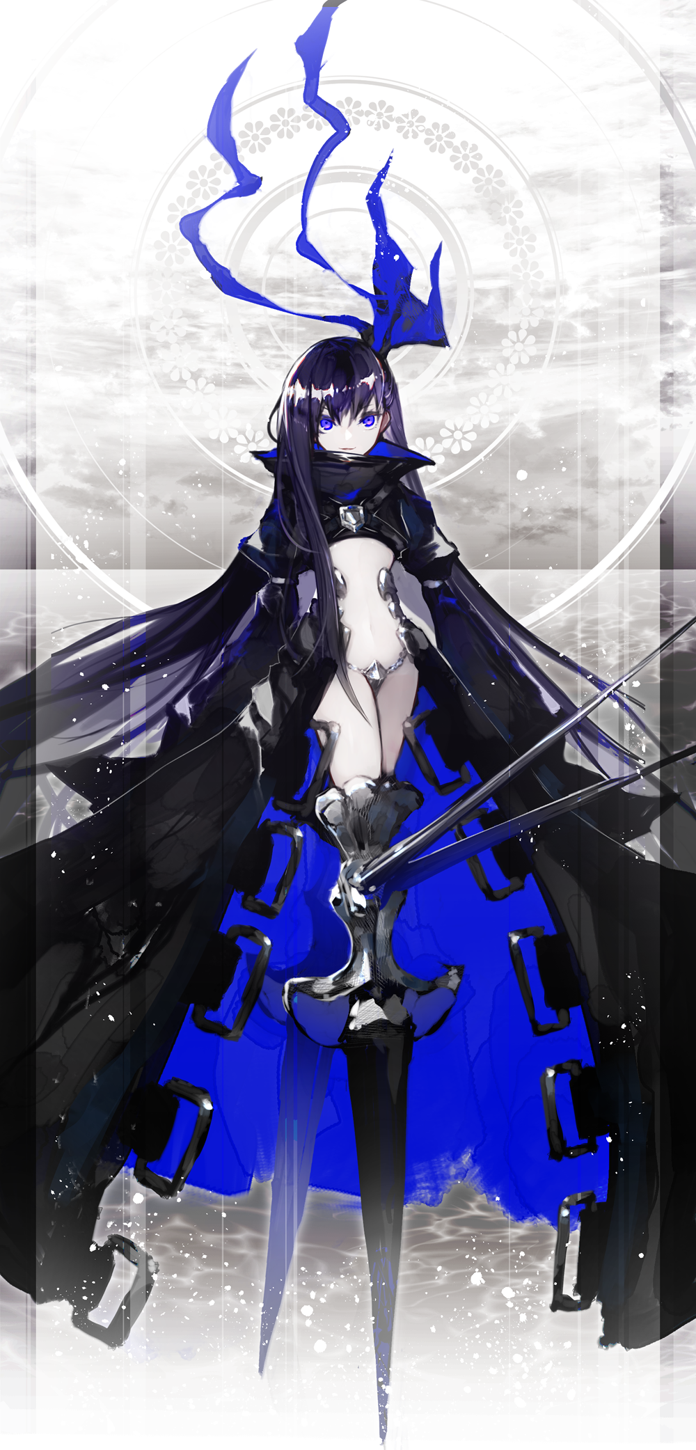 1girl armored_boots blue_eyes blue_ribbon boots crotch_plate fate/extra fate/extra_ccc fate/grand_order fate_(series) full_body hair_ribbon highres kusakanmuri long_hair meltlilith midriff navel pale_skin prosthesis prosthetic_leg purple_hair ribbon sleeves_past_wrists very_long_hair waistcoat