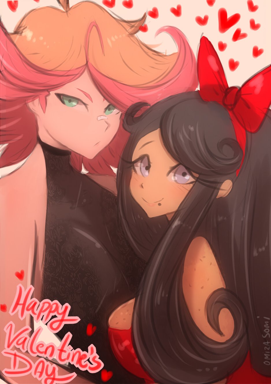 2girls amanda_o'neill black_hair blush breasts couple happy heart highres large_breasts little_witch_academia looking_at_viewer multicolored_hair multiple_girls omiza_somi simple_background smile valentine white_background yuri