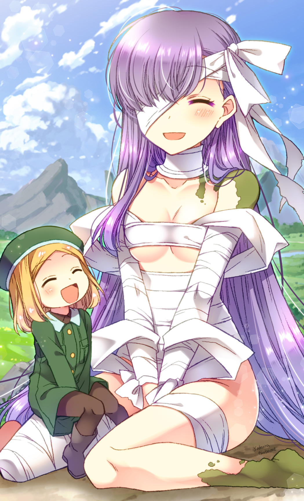 2girls :d ^_^ artist_name bandage bandage_over_one_eye bandaged_arm bandaged_head bandages bare_shoulders beret between_legs black_legwear blonde_hair blue_sky boots breasts cleavage closed_eyes closed_eyes clouds collarbone commentary_request day fate/grand_order fate_(series) giantess green_coat green_hat hand_between_legs hat highres kingprotea lens_flare long_hair medium_hair moss mountain multiple_girls naked_bandage one_eye_covered open_mouth outdoors pantyhose paul_bunyan_(fate/grand_order) purple_hair sakura_tsubame sitting sitting_on_lap sitting_on_person size_difference sky small_breasts smile v_arms very_long_hair wariza yellow_eyes