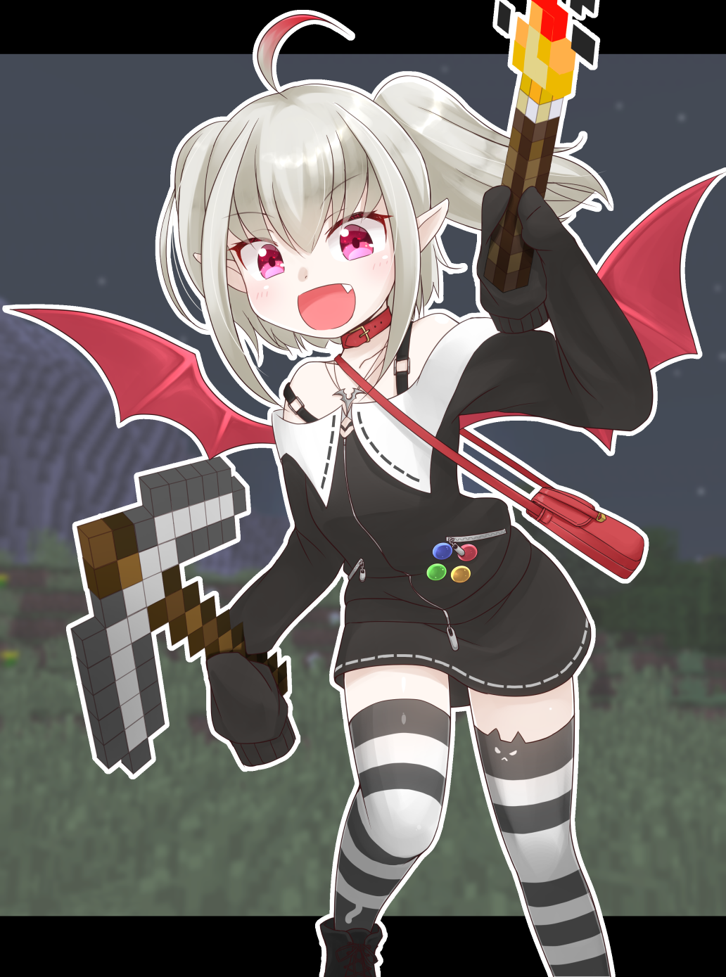 1girl ahoge asymmetrical_legwear bag bangs bare_shoulders black_dress blush breasts collar commentary demon_girl demon_wings dress eyebrows_visible_through_hair fang hair_between_eyes handbag highres holding holding_torch kasumisometsuki long_sleeves makaino_ririmu minecraft nijisanji open_mouth pointy_ears red_collar red_eyes red_wings silver_hair sleeves_past_fingers sleeves_past_wrists small_breasts smile solo striped striped_legwear thigh-highs thighs virtual_youtuber wings zettai_ryouiki