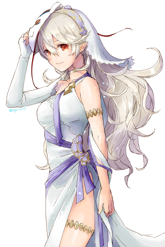 1girl closed_mouth cute dress elbow_gloves female_my_unit_(fire_emblem_if) fire_emblem fire_emblem_heroes fire_emblem_if gloves intelligent_systems long_hair mask mask_on_head my_unit_(fire_emblem_if) nintendo pointy_ears red_eyes robaco simple_background single_elbow_glove single_glove smile solo twitter_username veil white_background white_dress white_hair