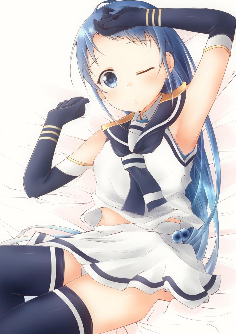 1girl armpits bangs bed_sheet blue_eyes blue_hair blue_legwear commentary_request elbow_gloves eyebrows_visible_through_hair gloves hand_on_own_face kantai_collection long_hair looking_at_viewer lying mae_(maesanpicture) one_eye_closed sailor_collar samidare_(kantai_collection) shirt skirt sleeveless solo swept_bangs thigh-highs very_long_hair white_serafuku white_shirt white_skirt