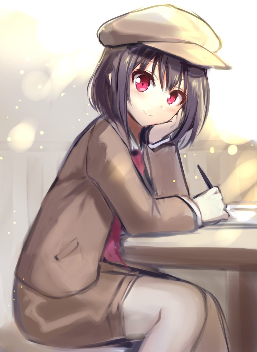 1girl bangs black_hair brown_coat brown_hat brown_skirt cabbie_hat chin_rest coat commentary_request eyebrows_visible_through_hair feet_out_of_frame forbidden_scrollery fuupu hand_up hat head_tilt highres holding holding_pen long_sleeves looking_at_viewer miniskirt necktie paper pen red_eyes red_neckwear shameimaru_aya short_hair sitting sketch skirt smile solo table touhou