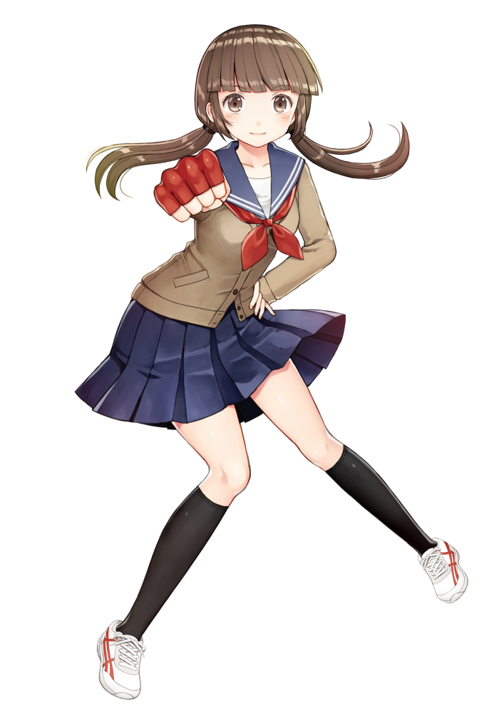 1girl bangs black_legwear blue_sailor_collar blue_skirt blunt_bangs blush brown_cardigan brown_eyes brown_hair cardigan closed_mouth collarbone commentary_request eyebrows_visible_through_hair fingerless_gloves full_body gloves hair_tie hand_on_hip kneehighs kurata_rine long_hair low_twintails neckerchief original pleated_skirt red_gloves red_neckwear sailor_collar school_uniform serafuku shoes simple_background single_glove skirt smile sneakers solo twintails white_background white_footwear