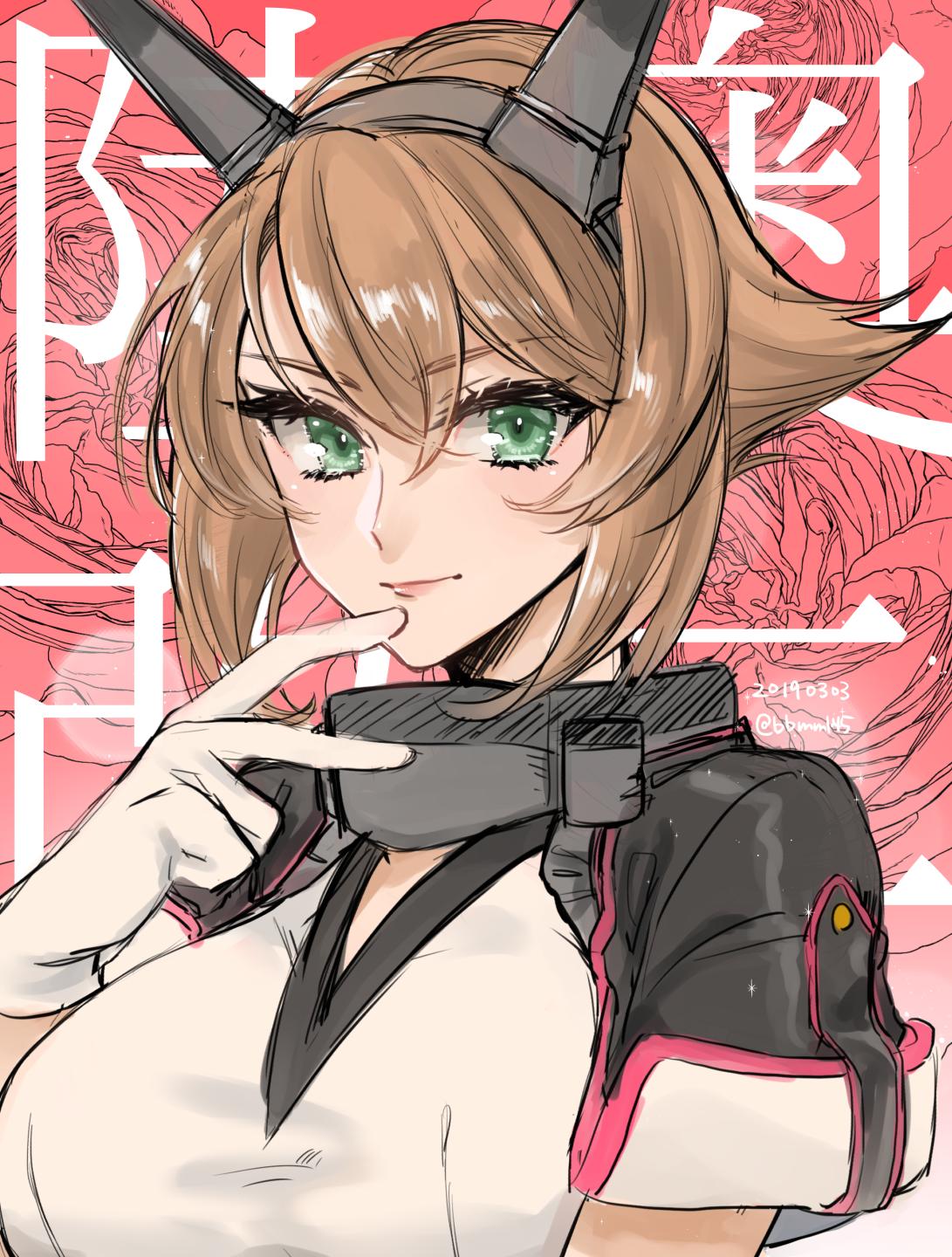 1girl bare_shoulders breasts brown_hair character_name collar commentary_request dated gloves green_eyes hairband headgear highres kantai_collection large_breasts machi_(ritovoyage) mutsu_(kantai_collection) pink_background pink_lips radio_antenna remodel_(kantai_collection) short_hair solo twitter_username upper_body white_gloves