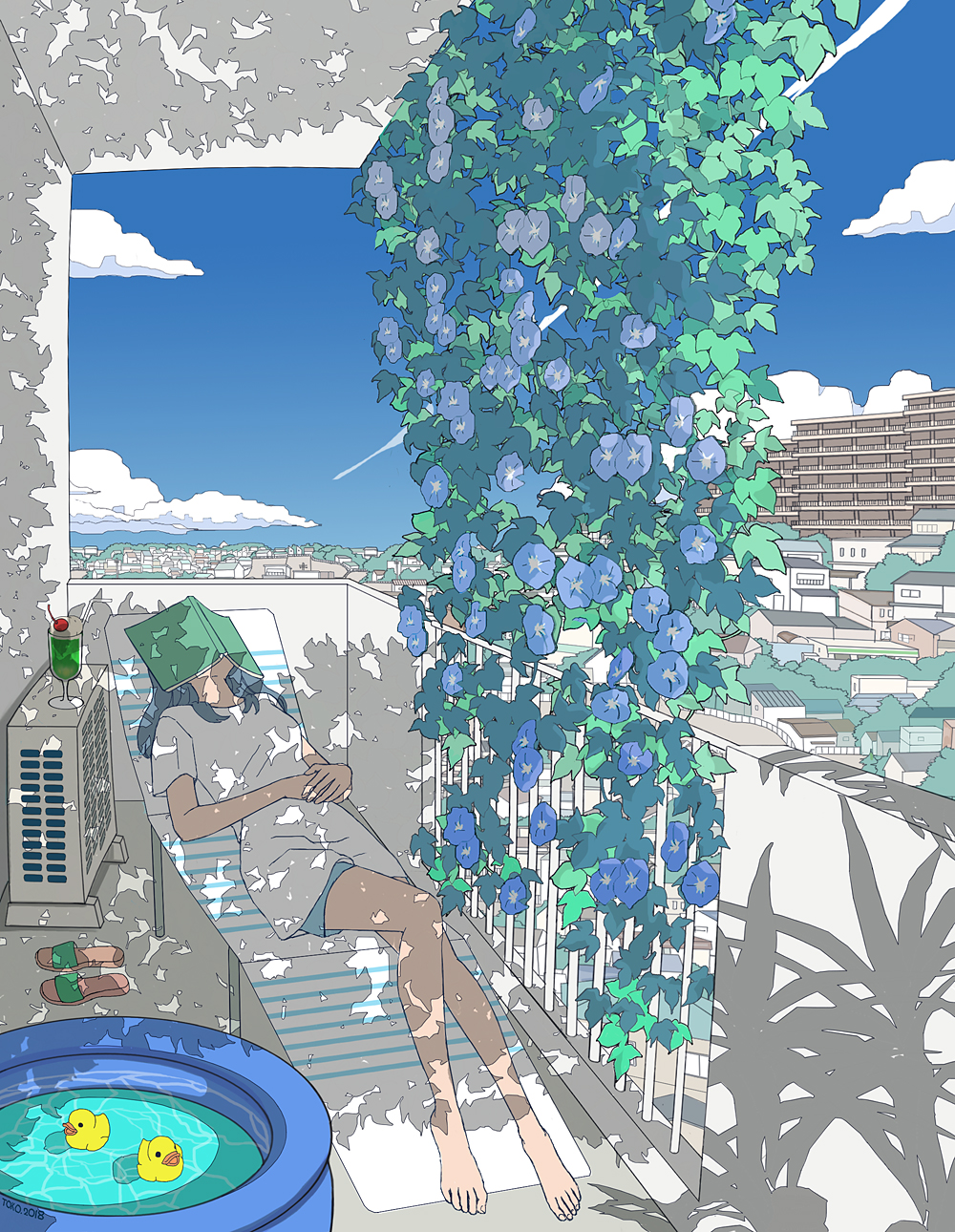 1girl balcony bare_legs barefoot blue_flower blue_hair blue_shorts blue_sky book book_on_head building chair cityscape clouds commentary_request cup day drinking_glass drinking_straw flower hands_together highres lounge_chair morning_glory object_on_head original own_hands_together plant rubber_duck sandals sandals_removed scenery seraphitalg shadow shirt shorts sky solo wading_pool water white_shirt