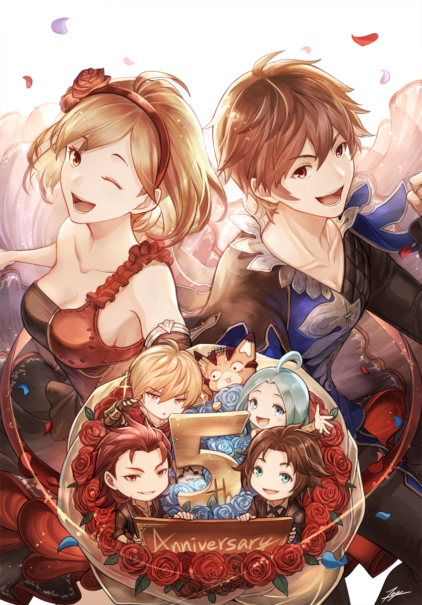 2girls 4boys :d ;d ahoge anniversary aqua_eyes aqua_hair arm_up asymmetrical_clothes bare_shoulders black_pants blonde_hair blue_eyes blue_flower blue_rose blush_stickers bouquet breasts brown_eyes brown_hair character_request cleavage collarbone commentary_request creature detached_sleeves djeeta_(granblue_fantasy) dress facial_mark flower forehead_mark gauntlets gran_(granblue_fantasy) granblue_fantasy hair_flower hair_ornament hairband highres holding holding_bouquet looking_at_viewer lyria_(granblue_fantasy) medium_breasts miniboy minigirl multiple_boys multiple_girls number one_eye_closed open_mouth pants parted_lips petals red_dress red_eyes red_flower red_hairband red_rose redhead rose rose_petals sign signature simple_background single_detached_sleeve single_strap smile sparkle tenyo0819 triangle_mouth uniform v-shaped_eyebrows vee_(granblue_fantasy) waving white_background wide-eyed