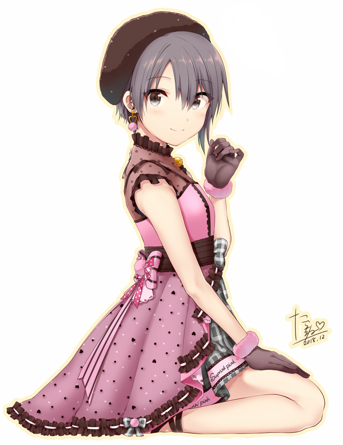 1girl bare_arms bare_shoulders black_eyes black_gloves brown_hat closed_mouth clothes_writing dated dress earrings frilled_dress frills from_side gloves grey_hair hand_up hat heart idolmaster idolmaster_cinderella_girls jewelry looking_at_viewer looking_to_the_side nail_polish otokura_yuuki pink_dress pink_nails polka_dot short_hair signature simple_background sleeveless sleeveless_dress smile solo tarachine white_background