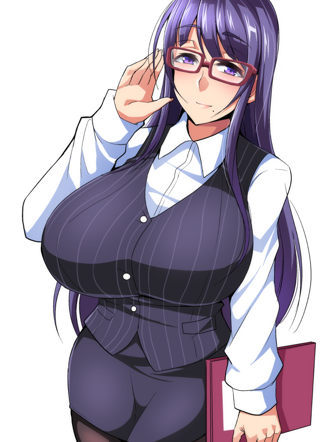1girl bangs black_legwear blush breasts business_suit eyebrows_visible_through_hair formal glasses large_breasts long_hair looking_at_viewer glasses_man mole mole_under_mouth original pantyhose pencil_skirt purple_hair simple_background skirt sleeves_past_wrists smile solo suit vest violet_eyes white_background