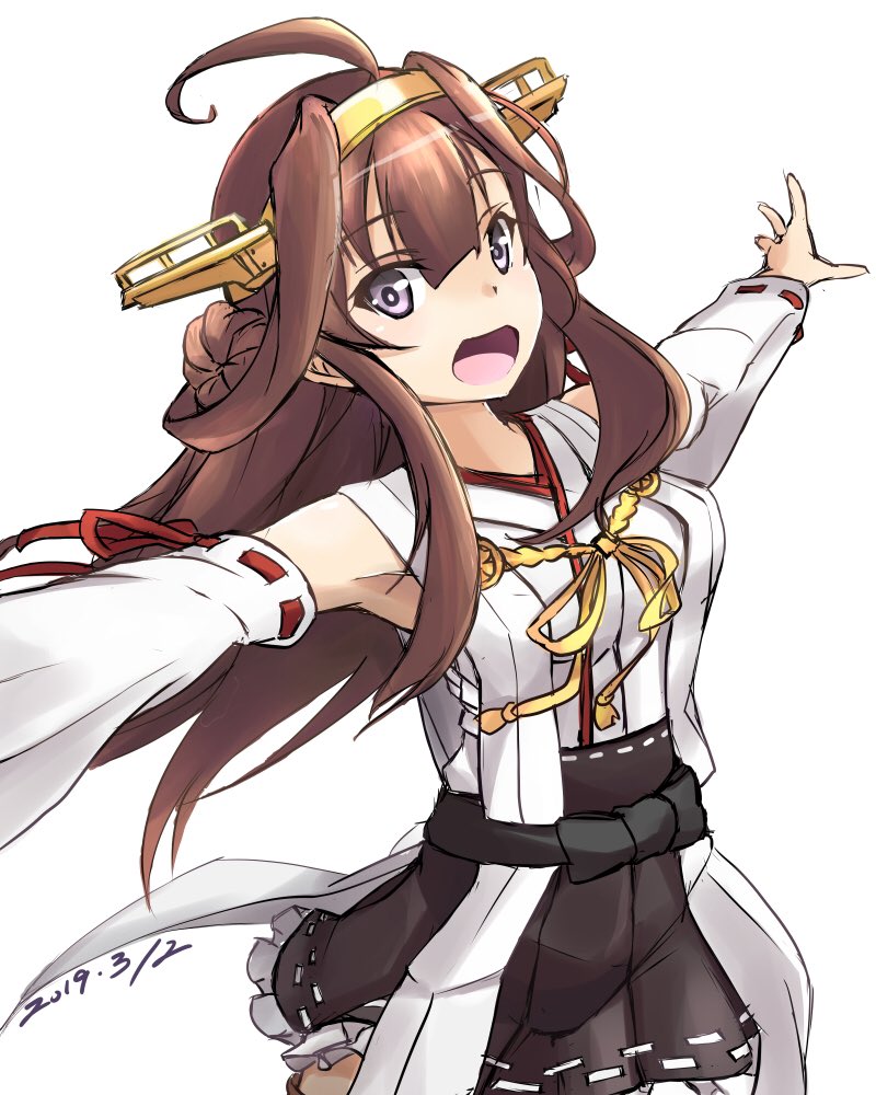 1girl ahoge brown_hair brown_skirt commentary_request cowboy_shot detached_sleeves double_bun hairband headgear kantai_collection kongou_(kantai_collection) long_hair minosu open_mouth outstretched_arms pleated_skirt ribbon-trimmed_sleeves ribbon_trim simple_background skirt smile solo violet_eyes white_background