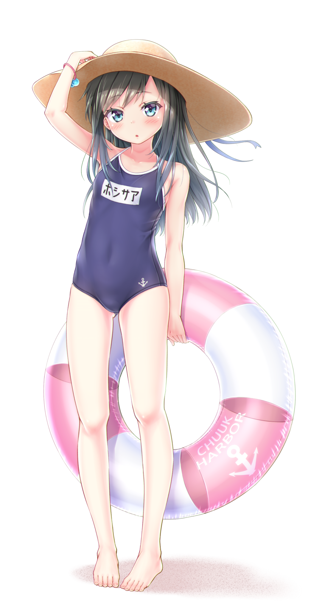 1girl alternate_costume anchor_symbol asashio_(kantai_collection) bangs bare_arms bare_legs bare_shoulders barefoot black_hair blue_eyes blush bracelet collarbone competition_school_swimsuit covered_navel eyebrows_visible_through_hair full_body gluteal_fold gotou_hisashi hair_between_eyes hat hat_ribbon highres holding innertube jewelry kantai_collection long_hair looking_at_viewer name_tag navel new_school_swimsuit one-piece_swimsuit open_mouth ribbon sand school_swimsuit simple_background solo standing straw_hat swimsuit