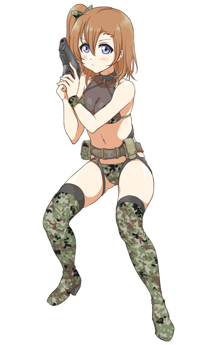 1girl belt bikini black_legwear blue_eyes blush boots bow breasts brown_hair camouflage camouflage_bikini camouflage_bow camouflage_footwear cleavage full_body gun hair_between_eyes hair_bow highres holding holding_gun holding_weapon kousaka_honoka love_live! love_live!_school_idol_project medium_breasts navel see-through shiny shiny_hair short_hair side_ponytail simple_background solo stance swimsuit tetopetesone thigh-highs thigh_boots weapon white_background