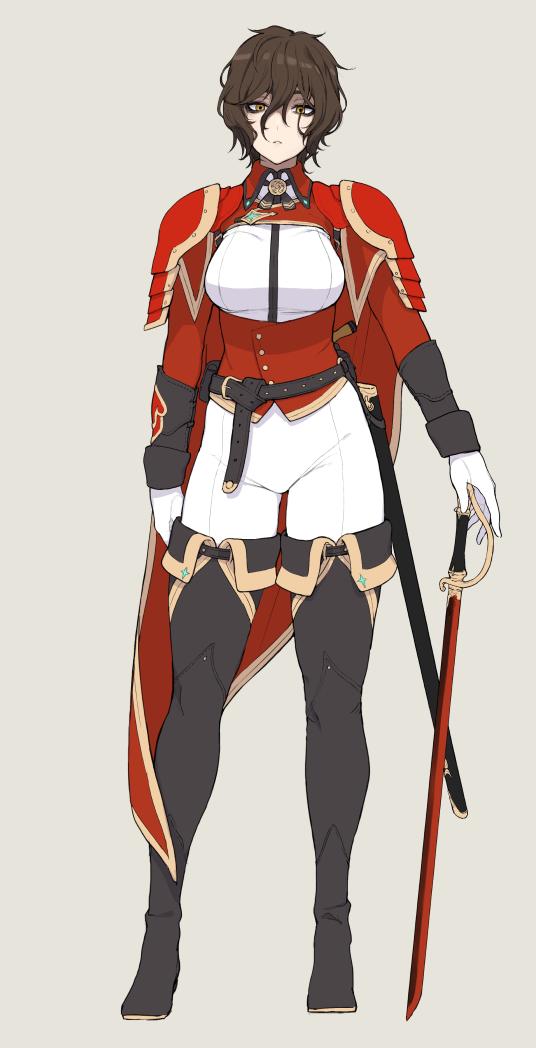 1girl accio belt boots breasts brown_eyes brown_hair cape character_request collar commentary_request full_body gloves grey_background hair_between_eyes jewelry large_breasts original pants parted_lips red_cape red_vest scabbard sheath shirt short_hair sidelocks simple_background solo standing sword thigh-highs thigh_boots vest weapon white_gloves white_pants white_shirt