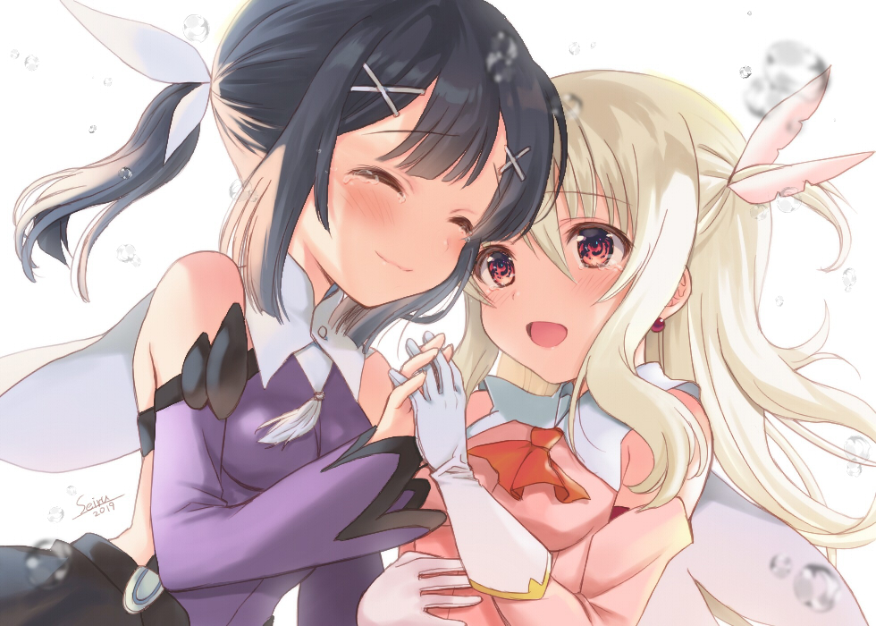 2019 2girls :d ascot bangs black_hair blurry blurry_foreground blush breasts cape closed_eyes closed_mouth depth_of_field detached_sleeves earrings eyebrows_visible_through_hair fate/kaleid_liner_prisma_illya fate_(series) feathers gloves hair_between_eyes hair_feathers hair_ornament hairclip hand_holding hijiri_ruka illyasviel_von_einzbern interlocked_fingers jewelry leotard light_brown_hair long_sleeves miyu_edelfelt multiple_girls one_side_up open_mouth pink_feathers pink_shirt pink_sleeves prisma_illya purple_leotard purple_sleeves red_neckwear shirt signature simple_background sleeveless sleeveless_shirt small_breasts smile tears twintails water_drop white_background white_cape white_gloves x_hair_ornament