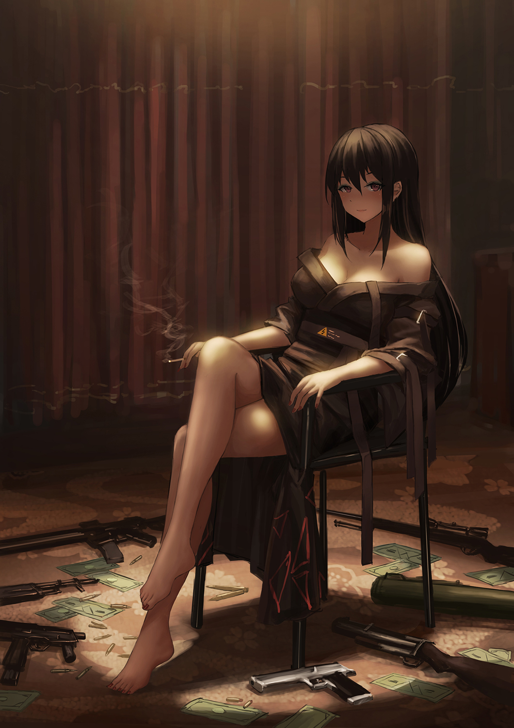 1girl bangs barefoot between_fingers black_hair black_kimono chair cigarette closed_mouth eyeshadow fingernails grenade_launcher hair_between_eyes highres holding holding_cigarette japanese_clothes kimono legs_crossed lightning_bolt long_hair long_sleeves looking_at_viewer m79 makeup nail_polish off_shoulder on_chair original red_eyes red_nails sitting smoke solo toenail_polish toenails very_long_hair weapon weapon_request yurichtofen