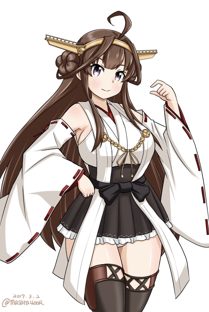 1girl ahoge black_legwear black_skirt boots brown_eyes brown_hair commentary_request cowboy_shot dated detached_sleeves double_bun frilled_skirt frills hairband headgear kantai_collection kongou_(kantai_collection) long_hair looking_at_viewer masara_(masalucky2010) pleated_skirt ribbon-trimmed_sleeves ribbon_trim skirt smile solo standing thigh-highs thigh_boots twitter_username