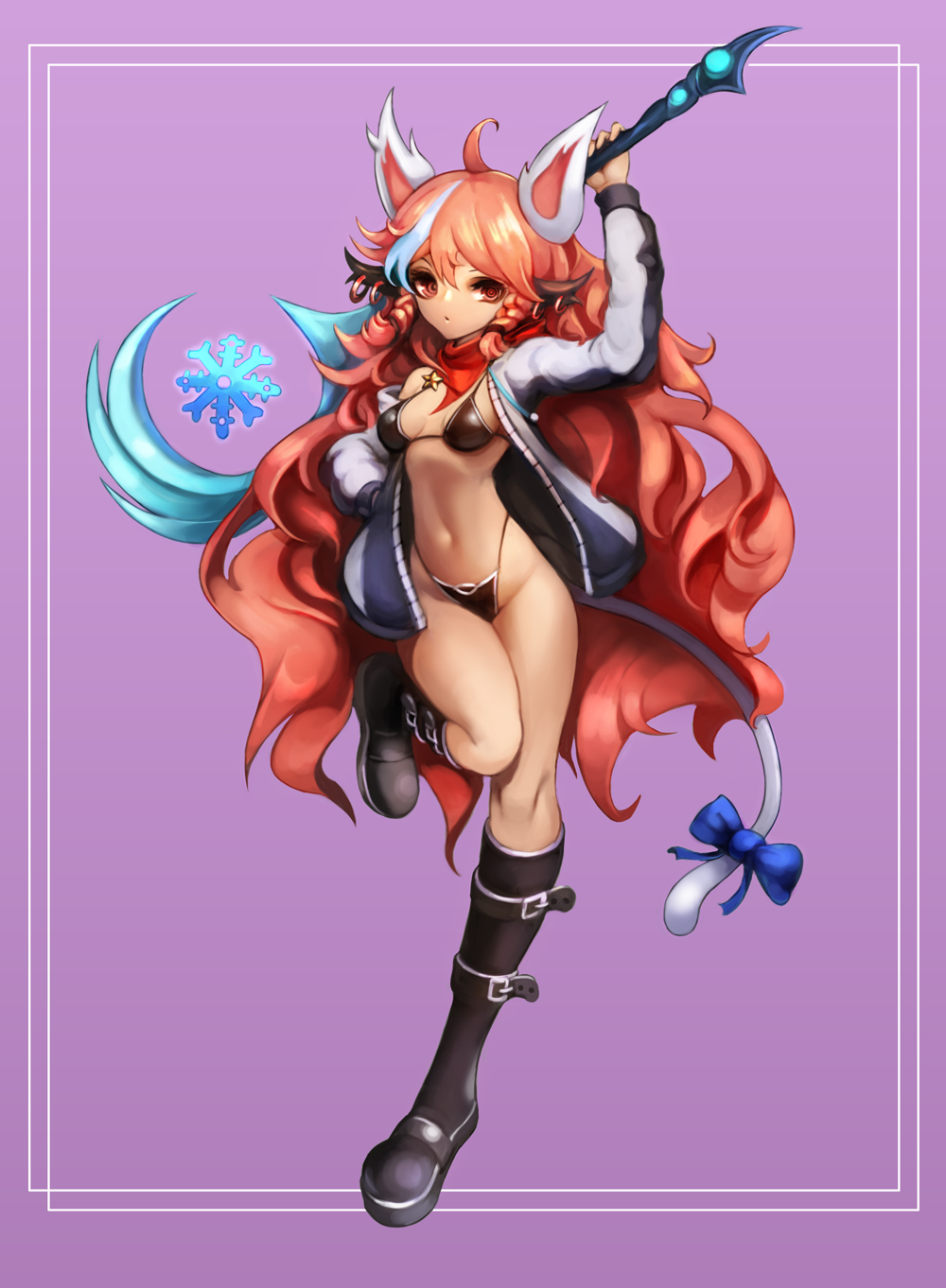 1girl animal_ears bikini breasts cat_ears cat_tail dungeon_and_fighter highres long_hair medium_breasts notte pink_eyes pink_hair solo star swimsuit tail very_long_hair wand