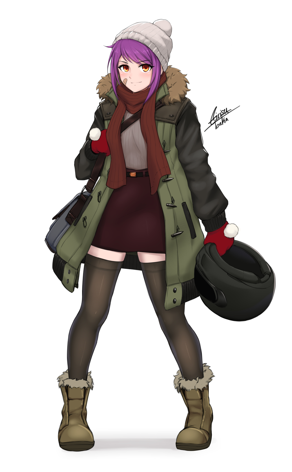 1girl airisubaka artist_name bandage_on_face belt black_legwear blush boots brown_eyes brown_footwear closed_mouth coat eyebrows_visible_through_hair full_body fur-trimmed_jacket fur_trim hat helmet highres holding holding_helmet jacket looking_at_viewer mittens original purple_hair red_scarf red_skirt scarf short_hair signature simple_background skirt smile solo thigh-highs white_background white_hat