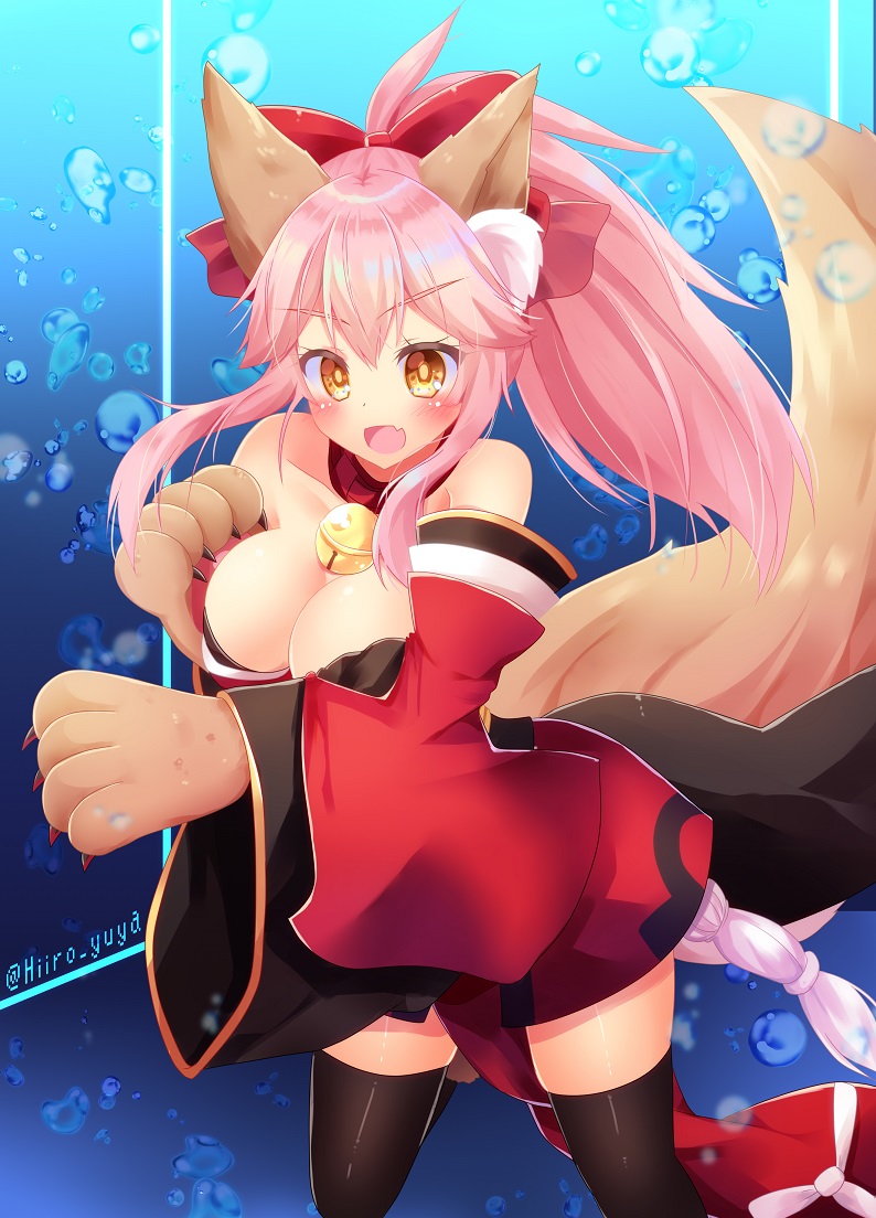 1girl animal_ear_fluff animal_ears bare_shoulders bell bell_collar black_legwear blush breasts cat_paws cleavage collar collarbone detached_sleeves eyebrows_visible_through_hair fangs fate/extra fate/grand_order fate_(series) fox_ears fox_girl fox_tail gloves hair_ribbon hiiro_yuya japanese_clothes jingle_bell kimono long_hair open_mouth paw_gloves paw_shoes paws pink_hair pixiv_username ponytail red_kimono red_ribbon ribbon shoes tail tamamo_(fate)_(all) tamamo_cat_(fate)
