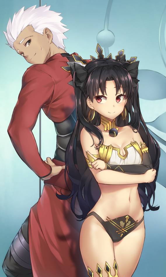 1boy 1girl archer back-to-back black_hair black_ribbon blush breasts brown_eyes cleavage collarbone commentary_request crossed_arms dark_skin earrings fate/grand_order fate_(series) hair_ribbon hand_on_hip hoop_earrings ishtar_(fate/grand_order) jewelry long_hair looking_back midriff navel p!nta red_eyes ribbon small_breasts smile tiara two_side_up white_hair