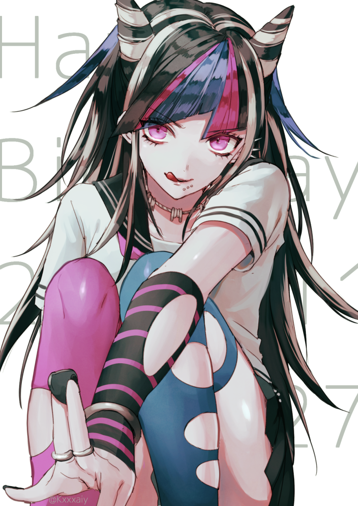 1girl @ artist_name black_hair black_skirt blue_hair blue_legwear collarbone commentary_request dangan_ronpa ear_piercing eyebrows_visible_through_hair happy_birthday holding horns jewelry lip_piercing long_hair mioda_ibuki mismatched_legwear multicolored_hair necklace piercing pink_eyes pink_hair pink_legwear pleated_skirt ring sakuyu school_uniform serafuku shirt simple_background skirt smile solo super_dangan_ronpa_2 thigh-highs tongue tongue_out torn_clothes torn_legwear torn_sleeves white_background white_hair white_shirt wristband