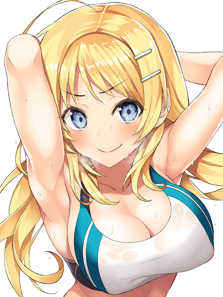 1girl ahoge armpits arms_up bangs blonde_hair blue_eyes blush breasts cleavage closed_mouth collarbone commentary_request covered_nipples eyebrows_visible_through_hair hachimiya_meguru hair_between_eyes hair_ornament hairclip highres idolmaster idolmaster_shiny_colors inuzumi_masaki large_breasts long_hair looking_at_viewer low_twintails simple_background smile solo steam sweatdrop twintails wet white_background